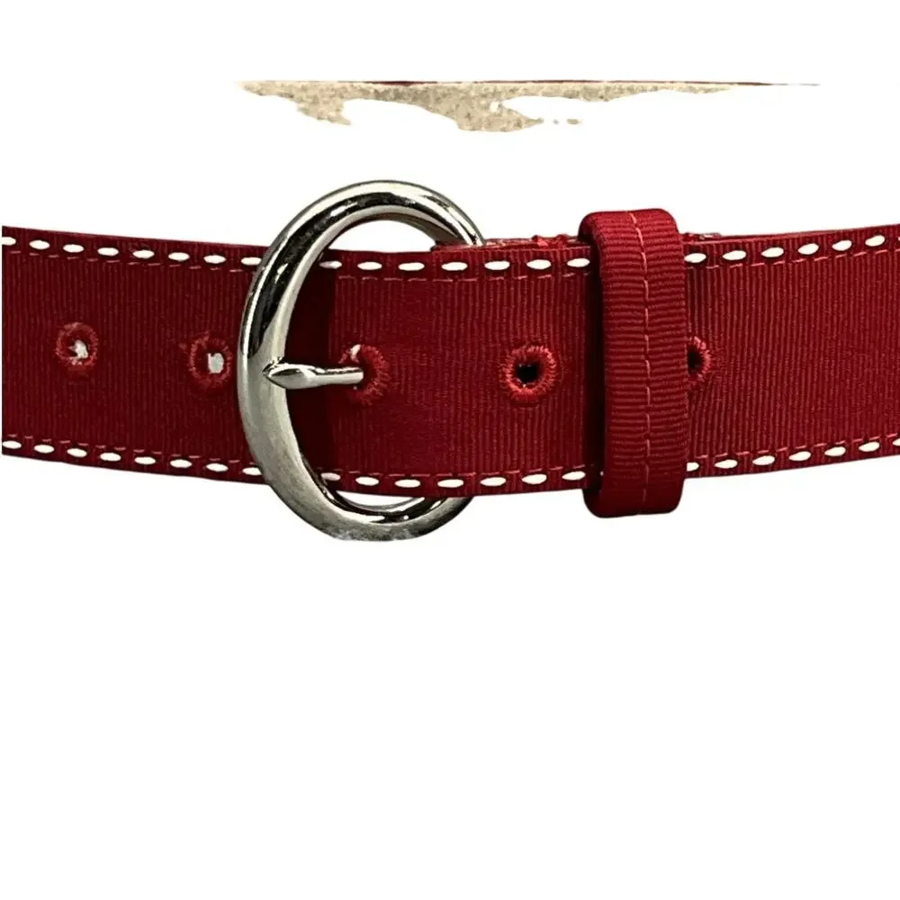 Liz Claiborne Red Fabric Genuine Leather Back Chrome Buckle Belt Women L / 32”